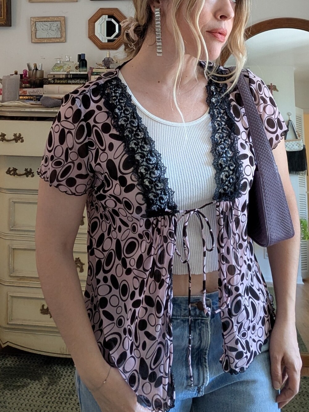 Y2K Sheer Pink Optical Print Blouse - Picture 6 of 7